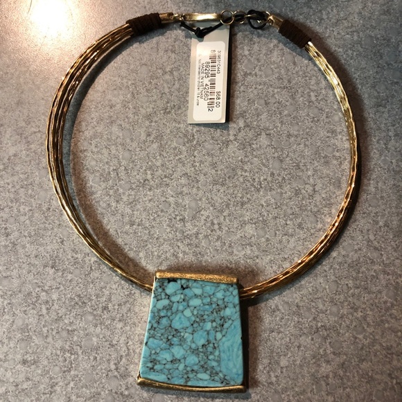 Robert Lee Morris Gold Tone Wire Collar Necklace Geometric Turquoise Pendant NWT - Picture 3 of 12